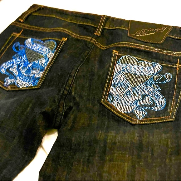 Ed Hardy Rare Crystal Encrusted Love Kills Slowly Skull Bootcut Jeans Sz. 29 NWT - Picture 1 of 14